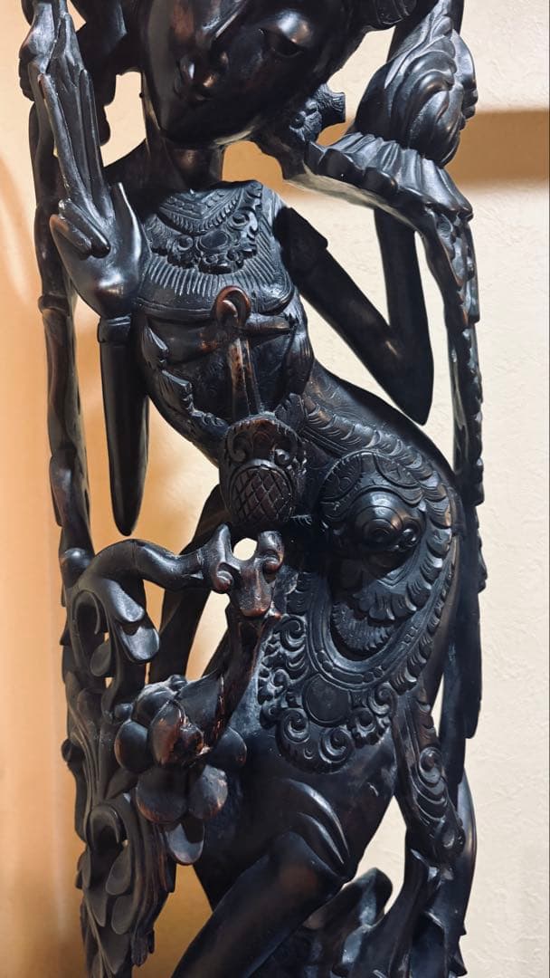 黒檀 木彫 細密彫刻 女神 77cm 大型 バリ 神 神話 置物 彫刻 美術品