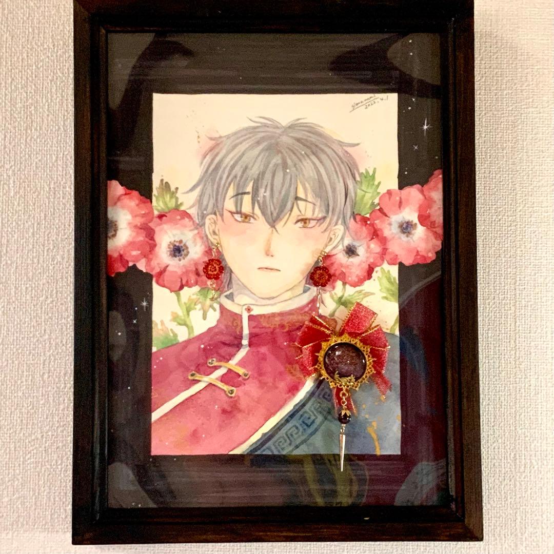 ピアス&ブローチ付き　水彩アート　原画　手描き　アクセサリー　イラスト