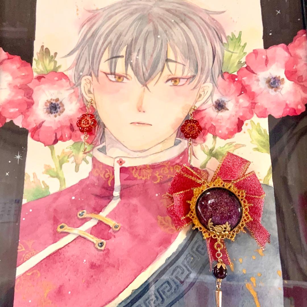 ピアス&ブローチ付き　水彩アート　原画　手描き　アクセサリー　イラスト