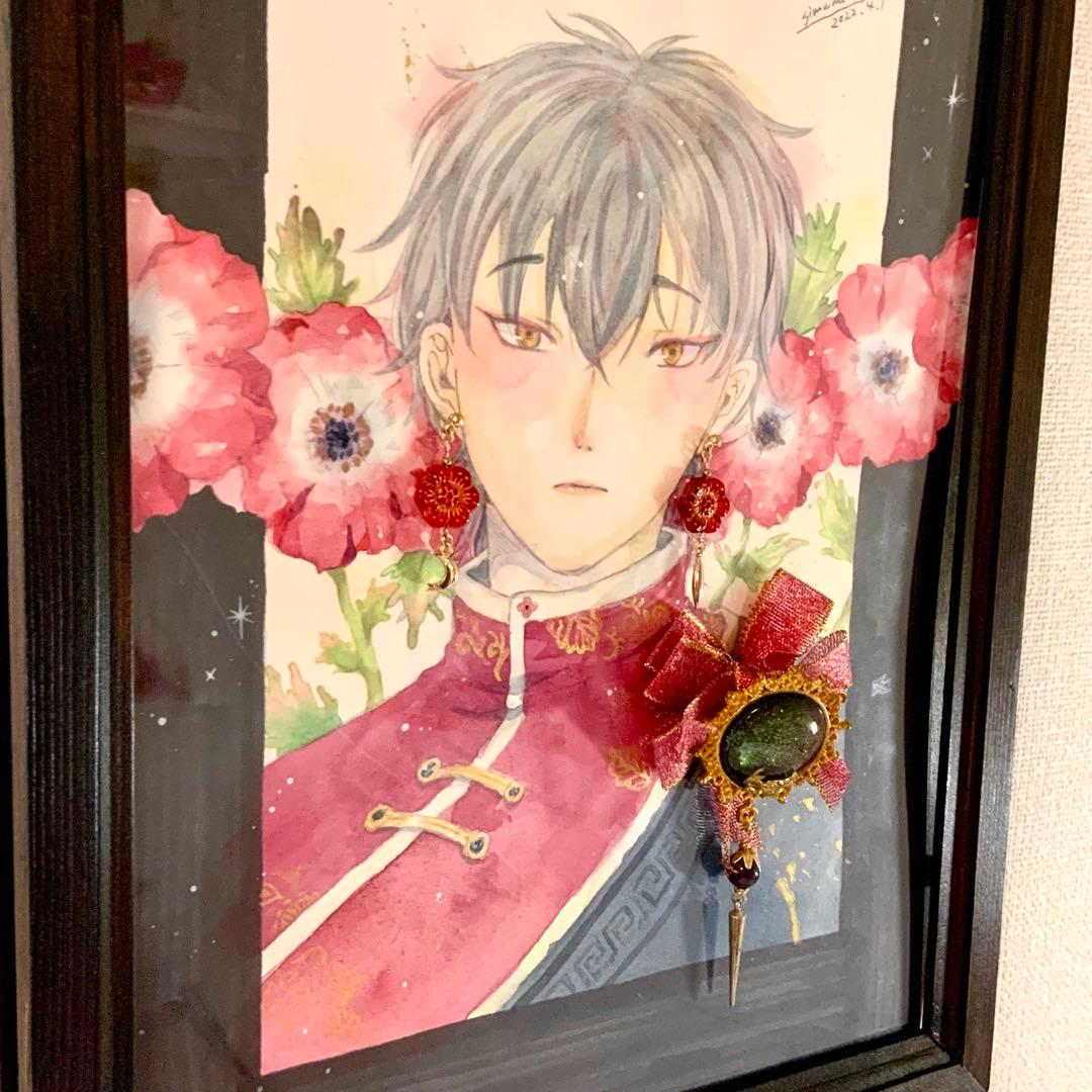 ピアス&ブローチ付き　水彩アート　原画　手描き　アクセサリー　イラスト