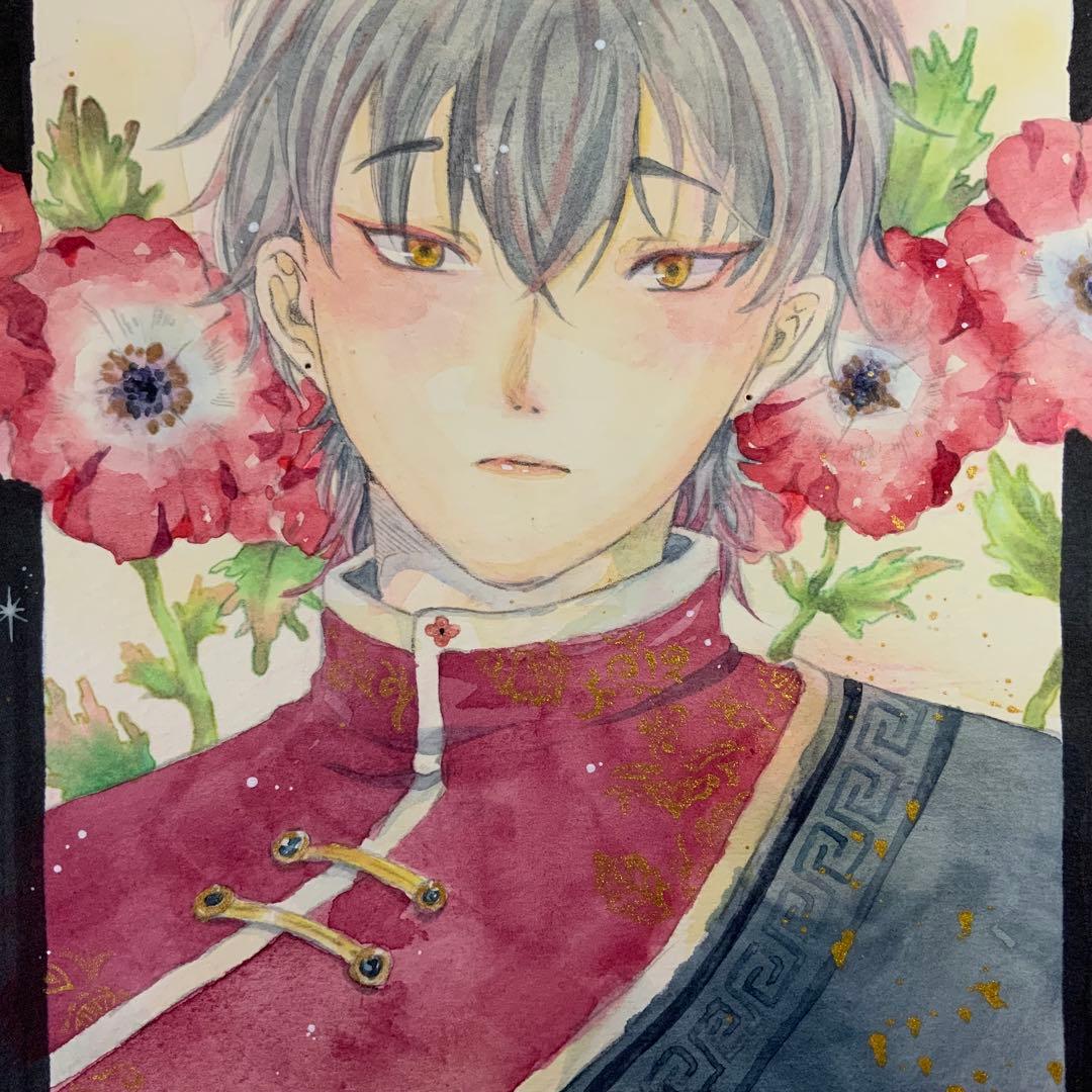 ピアス&ブローチ付き　水彩アート　原画　手描き　アクセサリー　イラスト