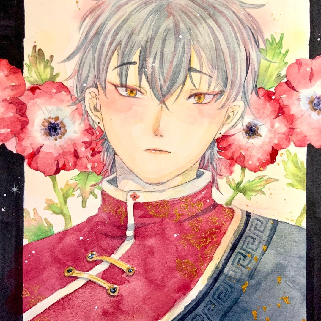 ピアス&ブローチ付き　水彩アート　原画　手描き　アクセサリー　イラスト