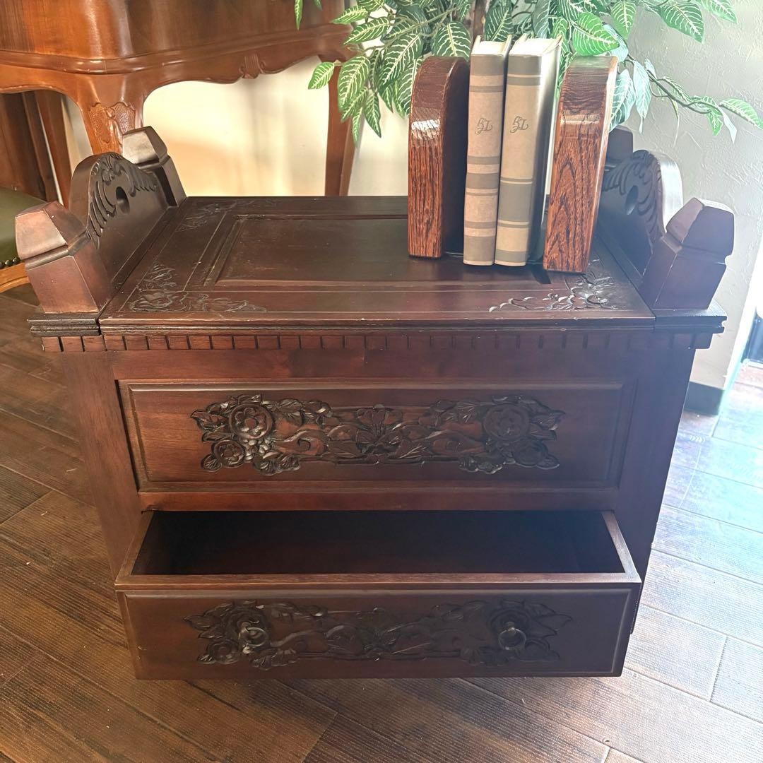 a034 アンティーク調 フラワーカービング 木製2段チェスト キャビネット
