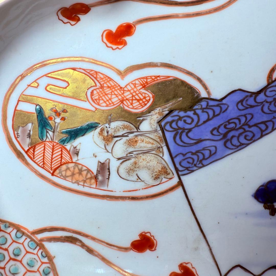 幕末～明治期　角冨　色絵扇絵変形皿　五客　裏千鳥文　金襴手　古器を楽しむ