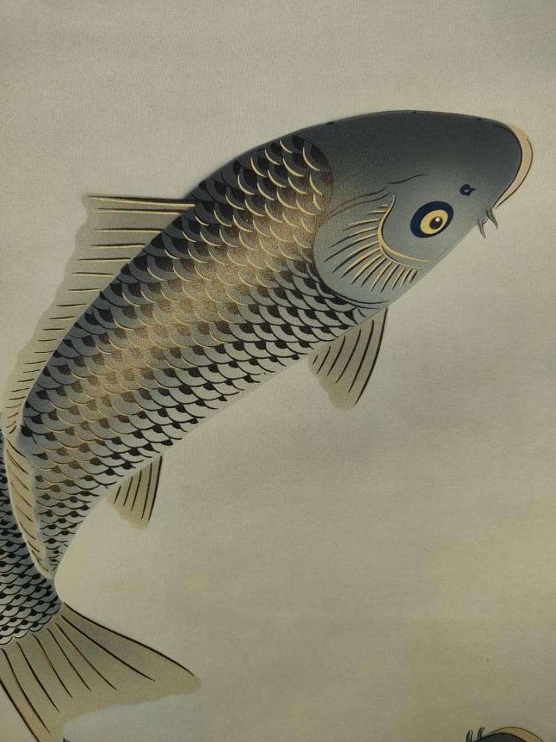 真作/江河/鯉図/双鯉図/花鳥/布袋屋掛軸A-696