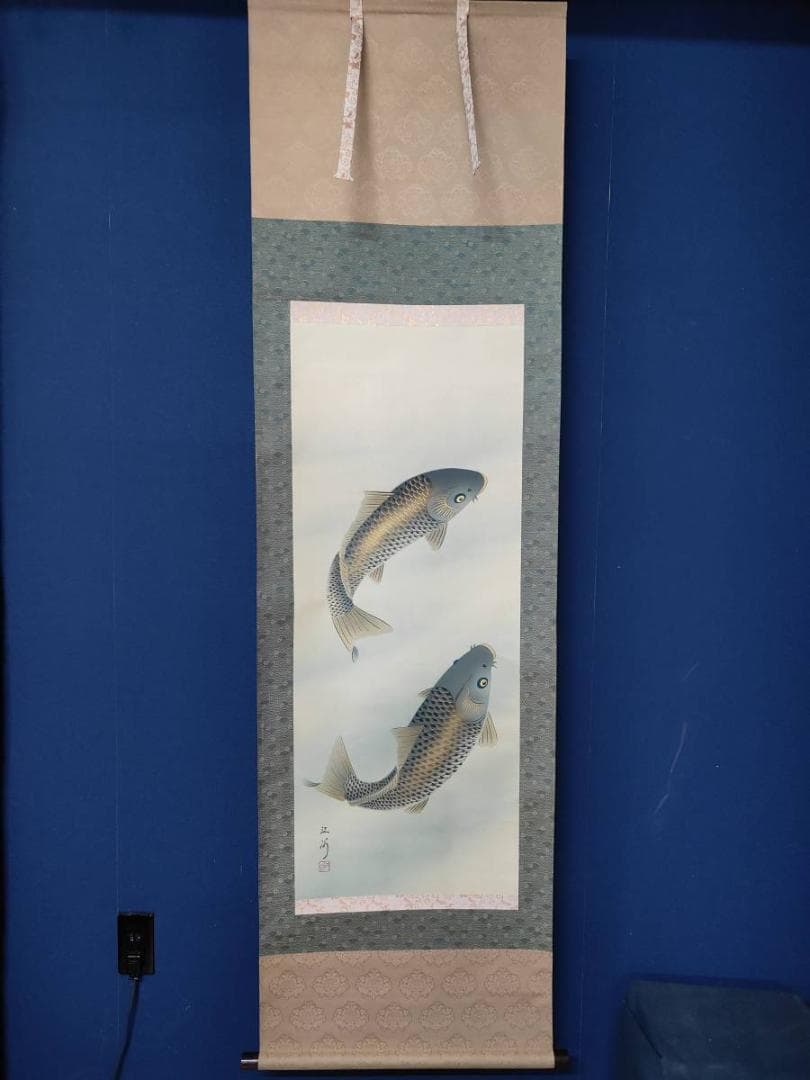 真作/江河/鯉図/双鯉図/花鳥/布袋屋掛軸A-696