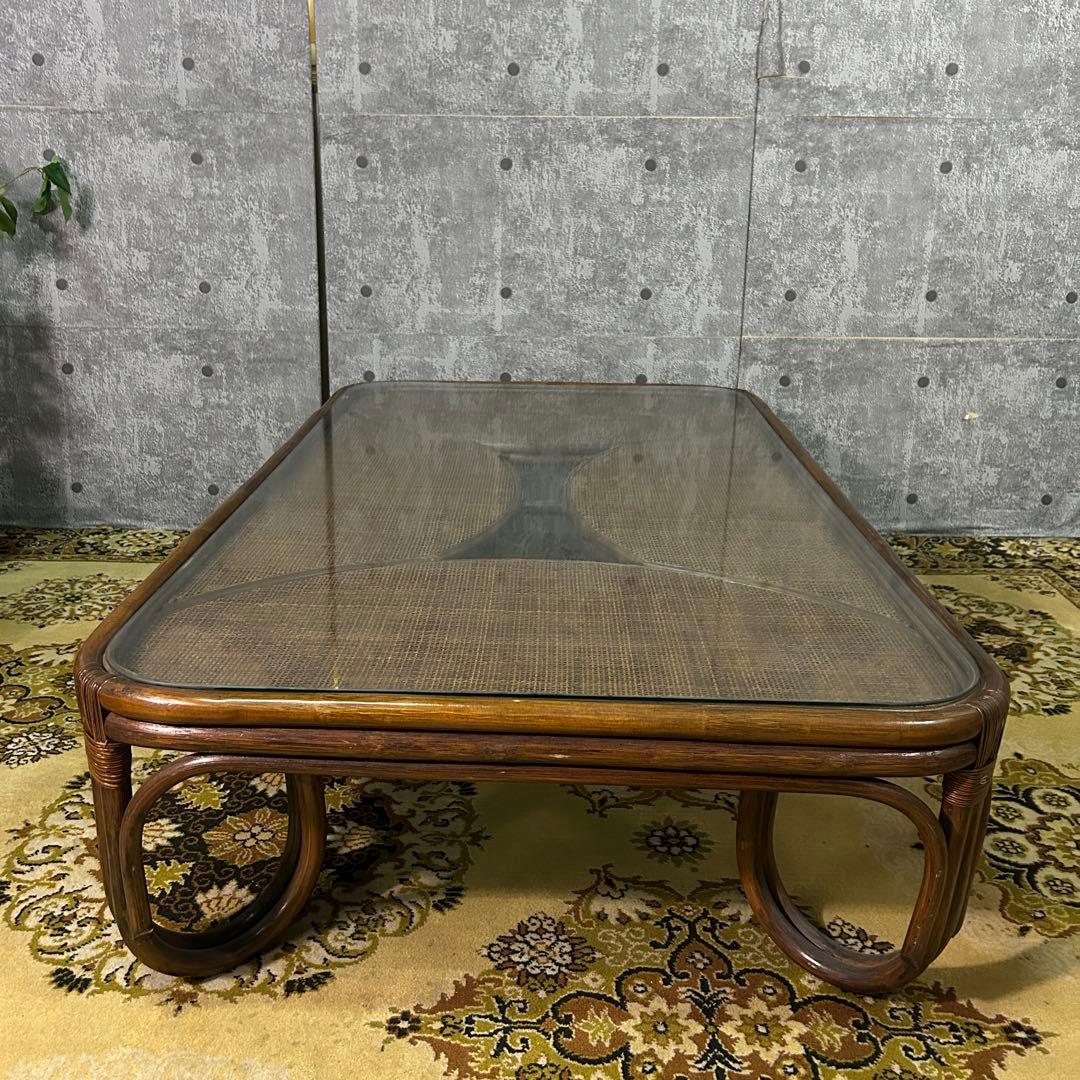 ꧁籐家具꧂ラタン座卓&座椅子2脚セット ガラス 食卓 机 椅子 いす イス