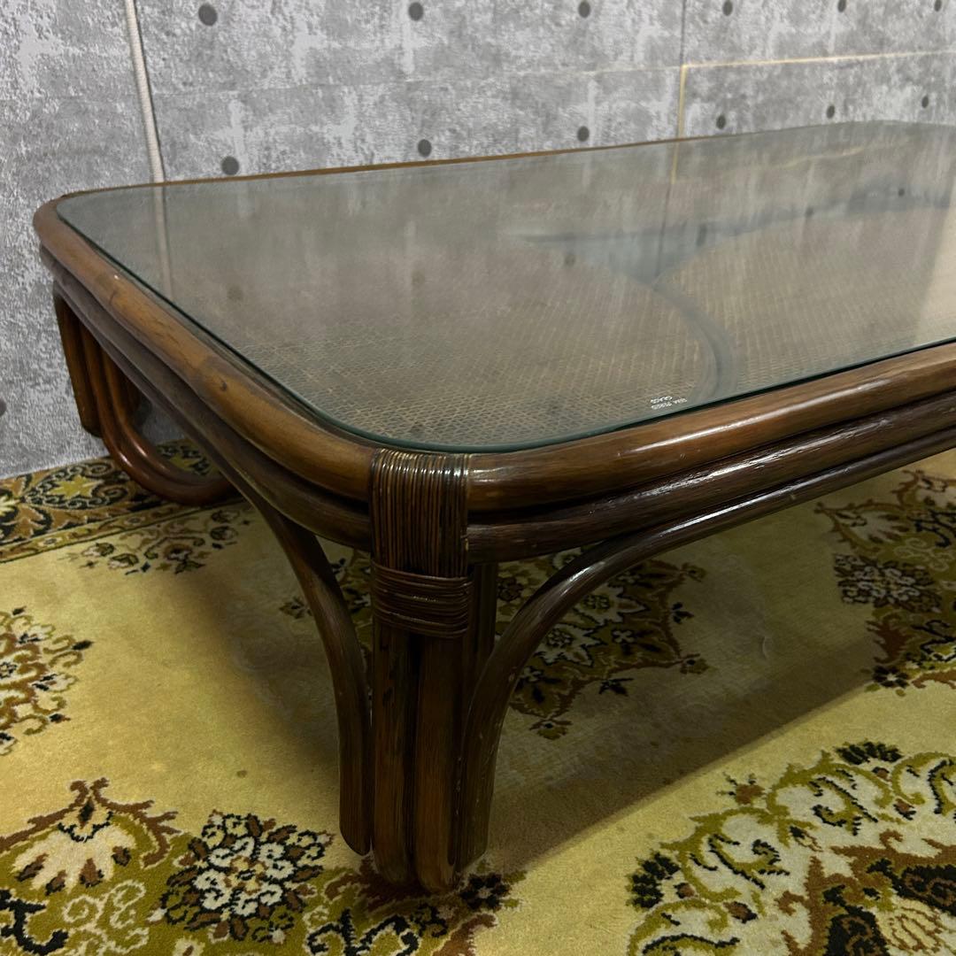 ꧁籐家具꧂ラタン座卓&座椅子2脚セット ガラス 食卓 机 椅子 いす イス