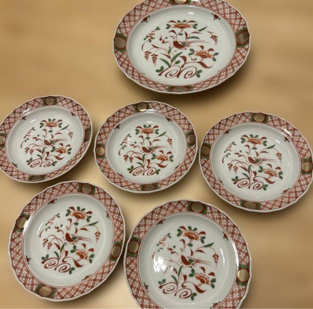 新品　平安橘吉　たち吉　呉須赤絵　花鳥絵図　金彩丸紋　輪花中皿　和皿　銘々皿5枚