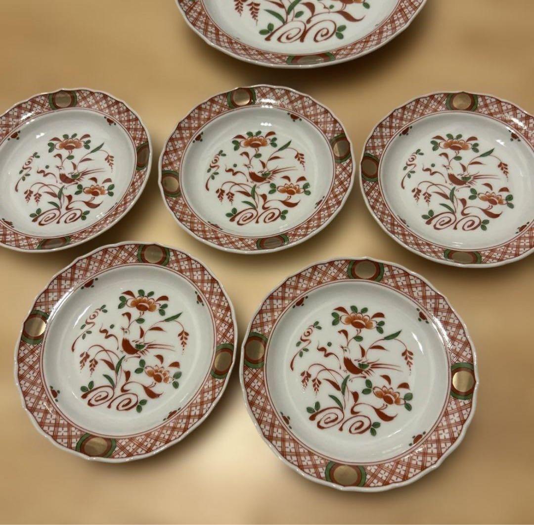 新品　平安橘吉　たち吉　呉須赤絵　花鳥絵図　金彩丸紋　輪花中皿　和皿　銘々皿5枚