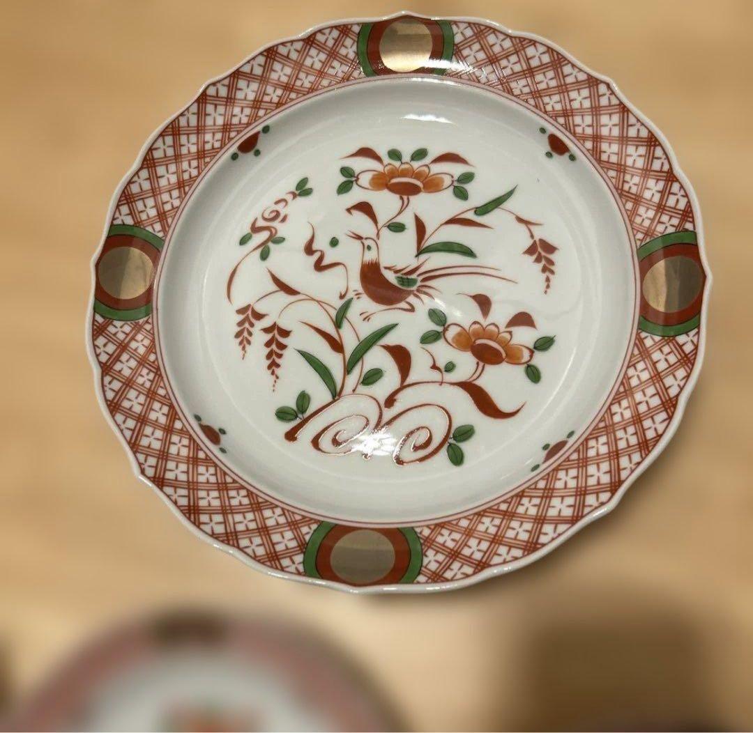 新品　平安橘吉　たち吉　呉須赤絵　花鳥絵図　金彩丸紋　輪花中皿　和皿　銘々皿5枚