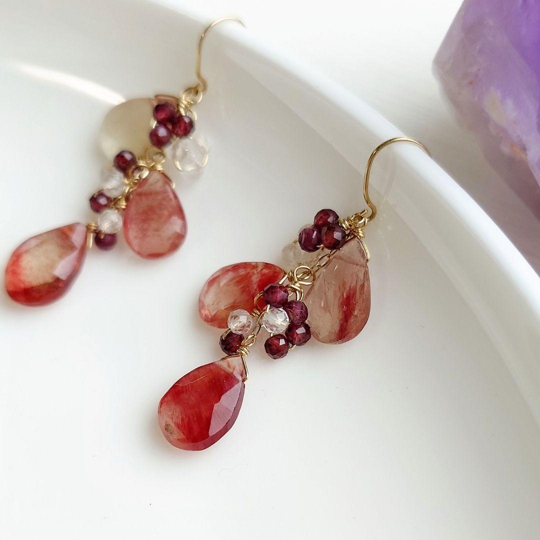 K10YG アンデシン×トパーズ×ガーネットのピアス