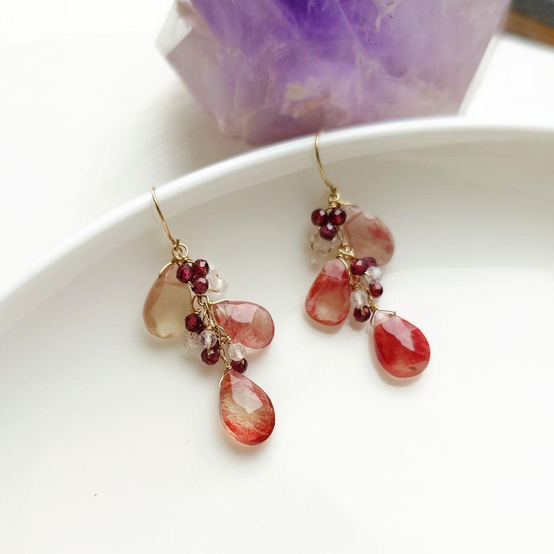 K10YG アンデシン×トパーズ×ガーネットのピアス