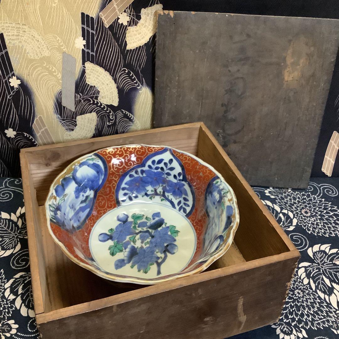 古伊万里　金欄花絵　絵皿　山水楼閣紋　大鉢　幕末　共箱付　大聖寺・李朝好きも