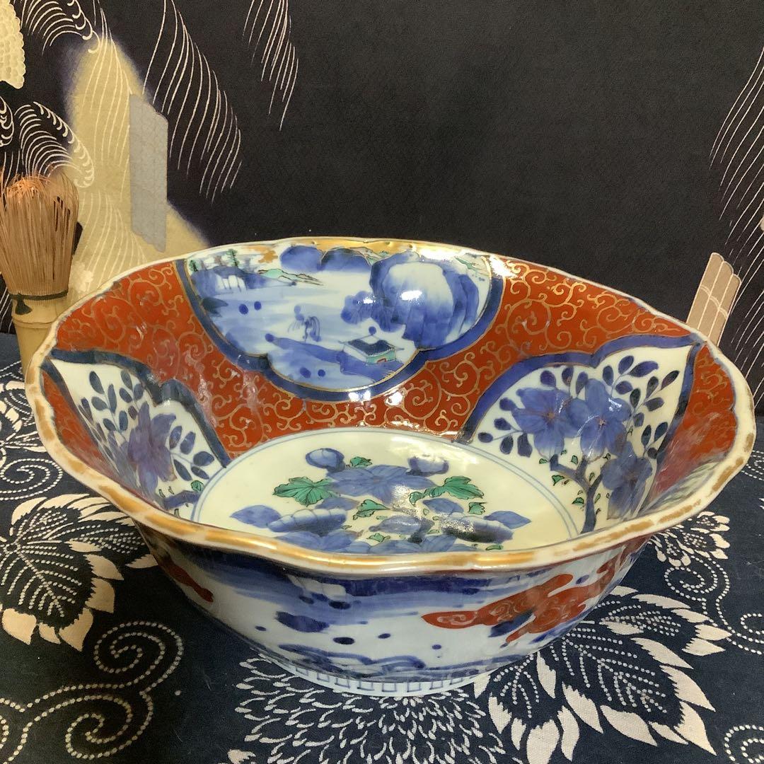 古伊万里　金欄花絵　絵皿　山水楼閣紋　大鉢　幕末　共箱付　大聖寺・李朝好きも