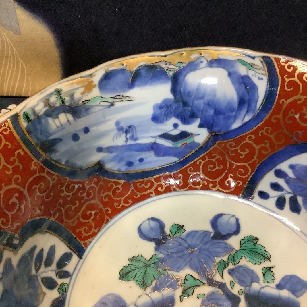 古伊万里　金欄花絵　絵皿　山水楼閣紋　大鉢　幕末　共箱付　大聖寺・李朝好きも