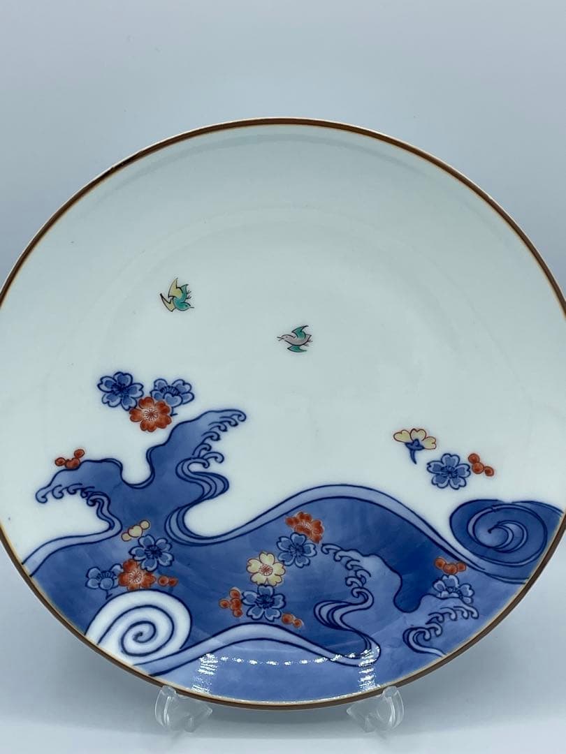 十三代 酒井田柿右衛門 染錦 波千鳥文 額皿 飾皿