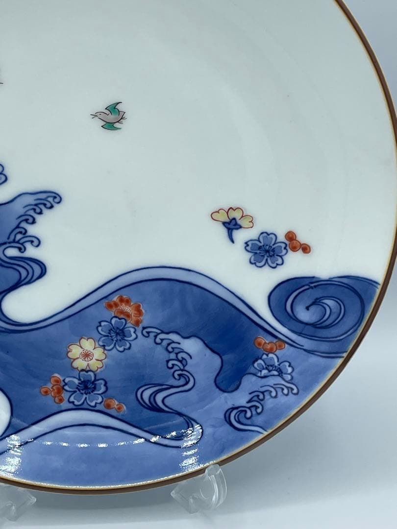 十三代 酒井田柿右衛門 染錦 波千鳥文 額皿 飾皿