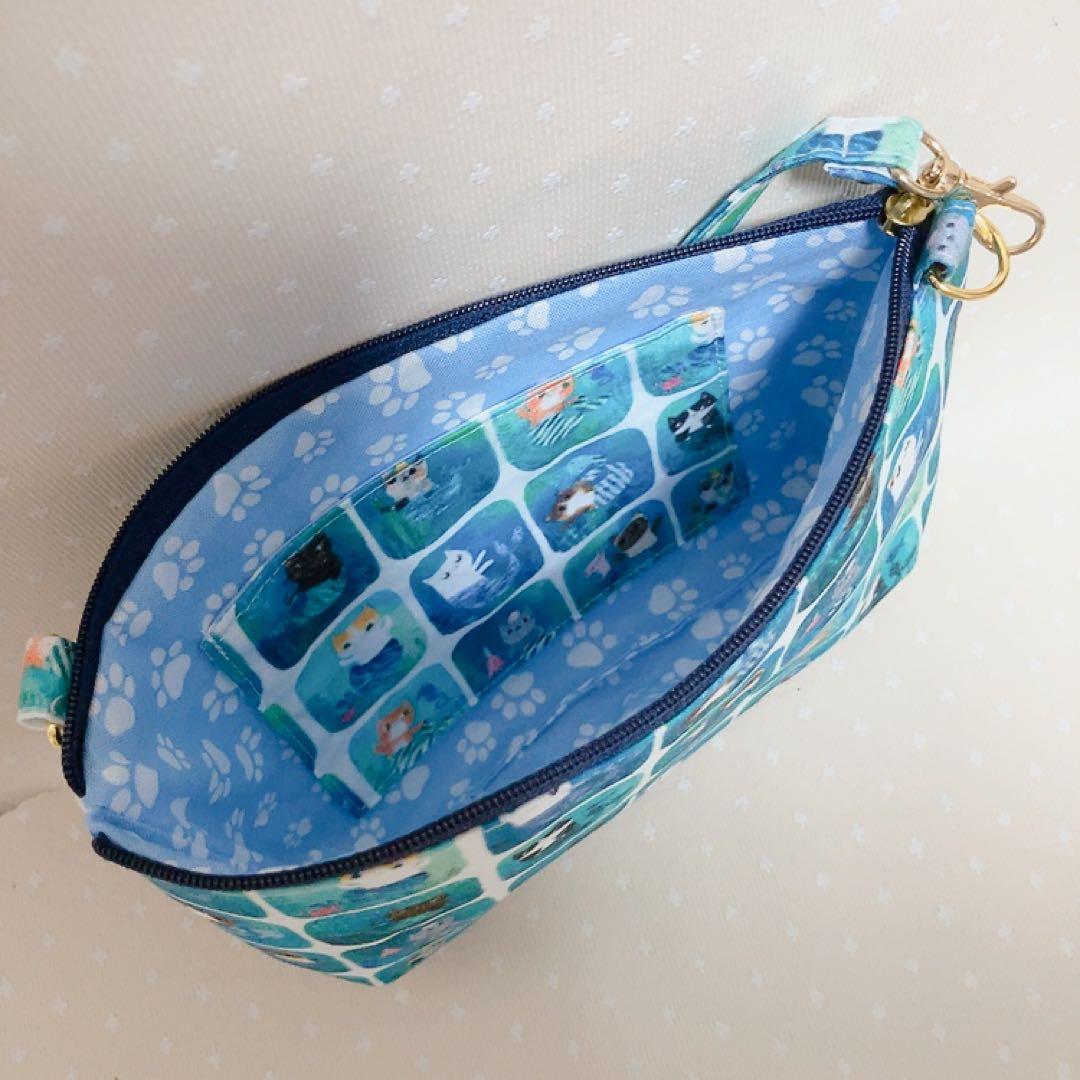 ファスナーポーチ 猫魚姫 生地 持ち手付き