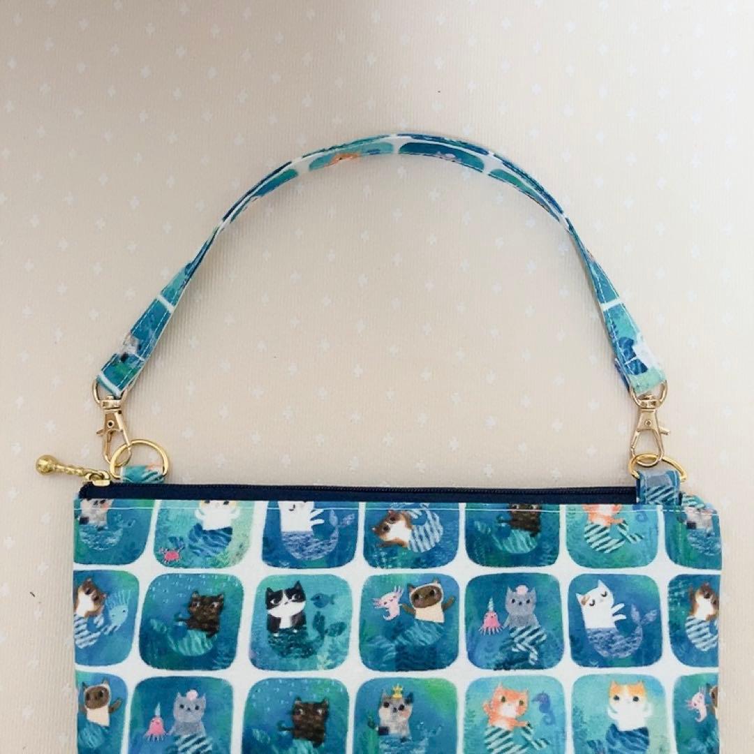 ファスナーポーチ 猫魚姫 生地 持ち手付き