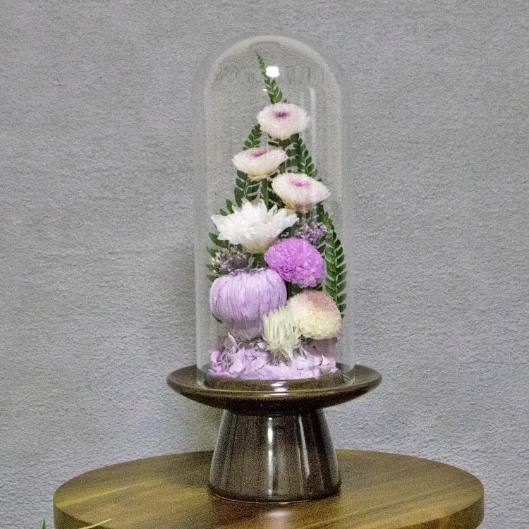 ★ガラスドーム型 プリザーブドフラワーの仏花 仏壇用 お供え用の花 藤白紫