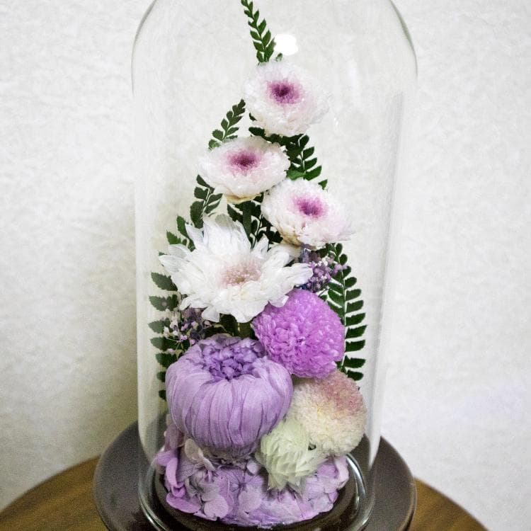 ★ガラスドーム型 プリザーブドフラワーの仏花 仏壇用 お供え用の花 藤白紫