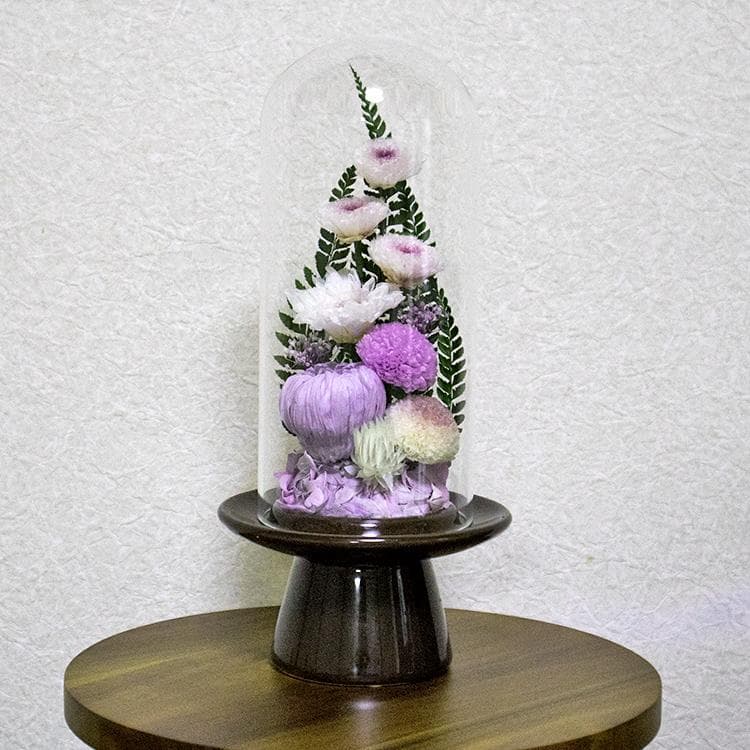 ★ガラスドーム型 プリザーブドフラワーの仏花 仏壇用 お供え用の花 藤白紫