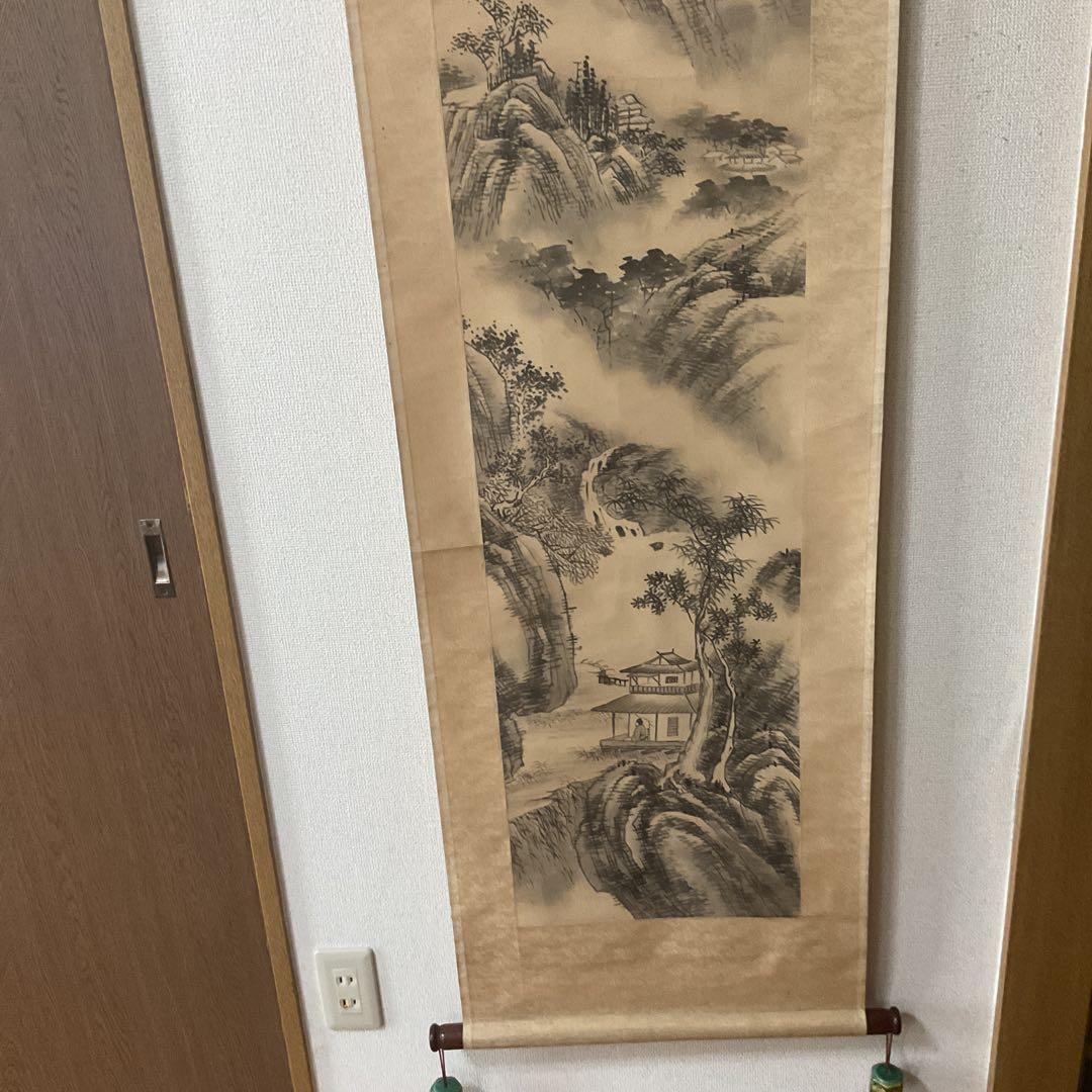 日高鉄翁筆 南画 絹本水墨山水画 落款印在 共箱 タトウ箱付
