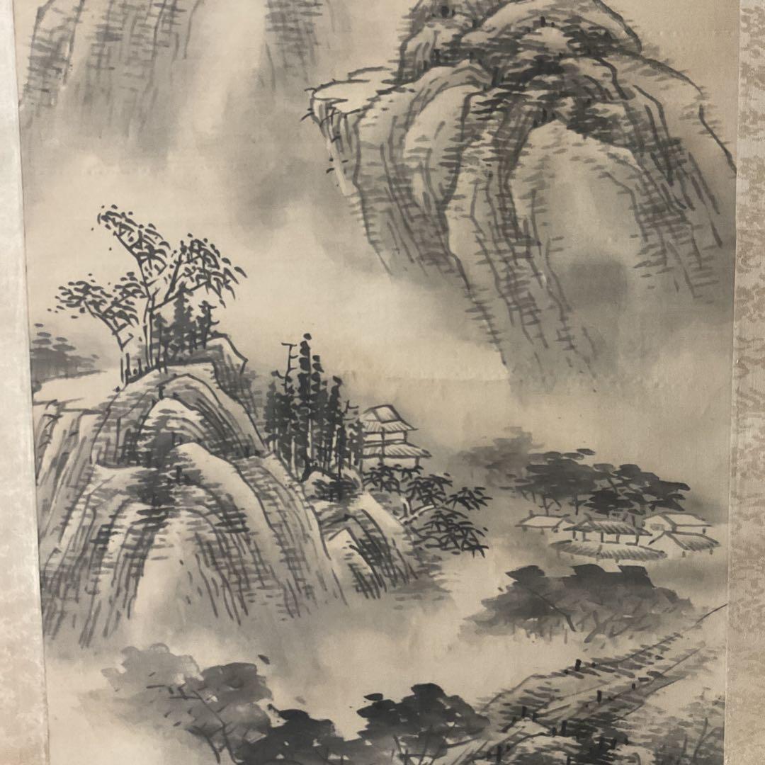 日高鉄翁筆 南画 絹本水墨山水画 落款印在 共箱 タトウ箱付