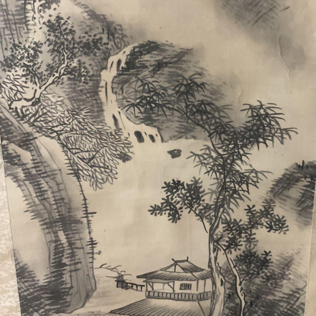 日高鉄翁筆 南画 絹本水墨山水画 落款印在 共箱 タトウ箱付