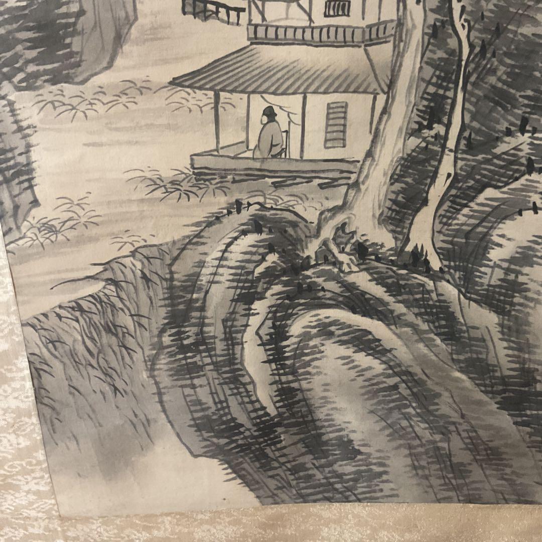 日高鉄翁筆 南画 絹本水墨山水画 落款印在 共箱 タトウ箱付