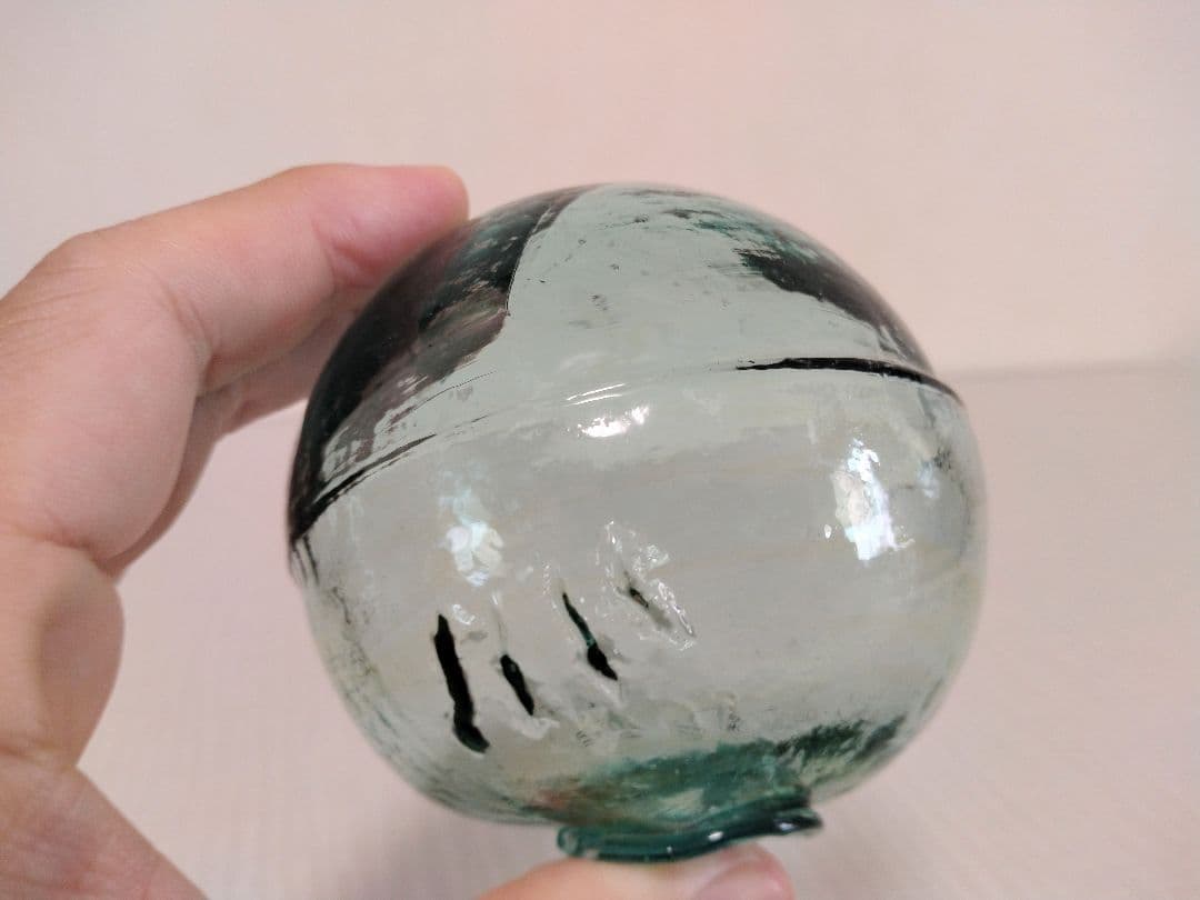 浮き玉　緑色のガラス浮き玉　珍品 激レア UFO型　スリーピースモールド