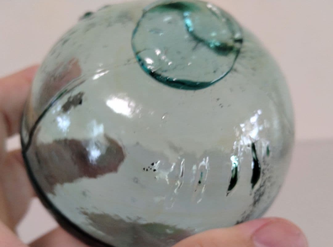 浮き玉　緑色のガラス浮き玉　珍品 激レア UFO型　スリーピースモールド