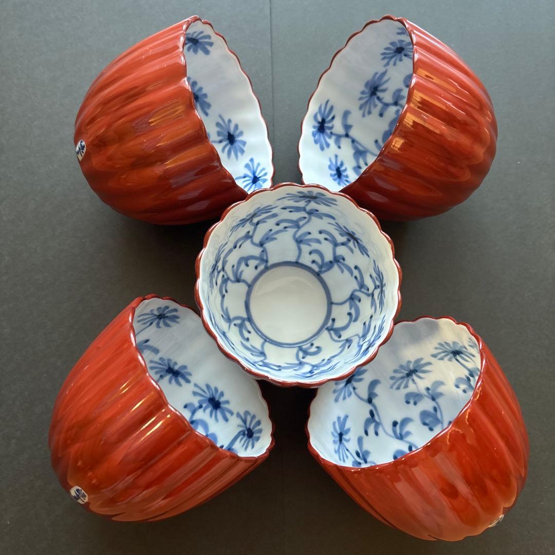 源右衛門　染錦朱泥内菊絵小鉢　5個