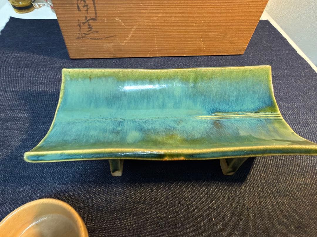 【至高の逸品】織部焼 南窯 足付長皿＆小鉢 4客セット 木箱付 豪華絢爛