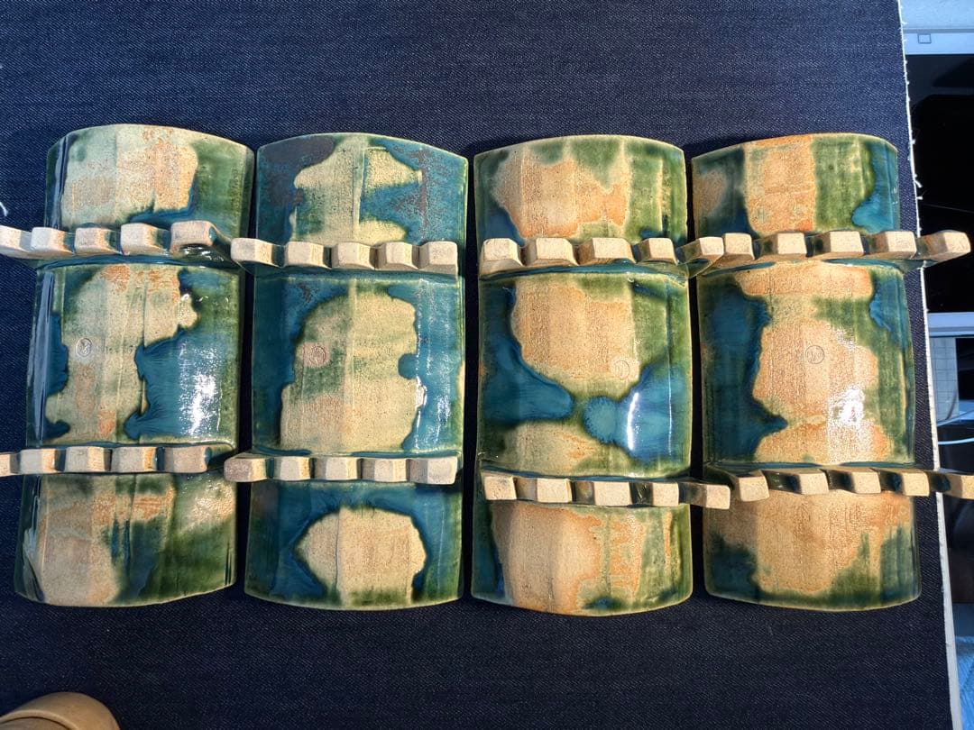 【至高の逸品】織部焼 南窯 足付長皿＆小鉢 4客セット 木箱付 豪華絢爛