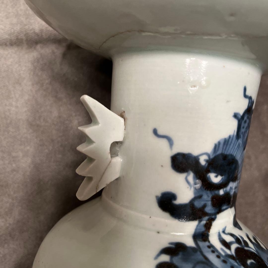 ビンテージ五ツメの青龍絵柄の陶器花瓶