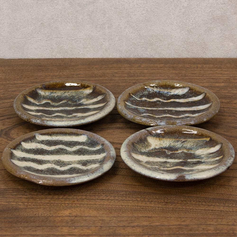 布志名焼 民芸 小皿4枚 波模様 昭和レトロ