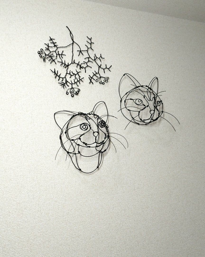 ワイヤーアート 猫と植物　３点セット