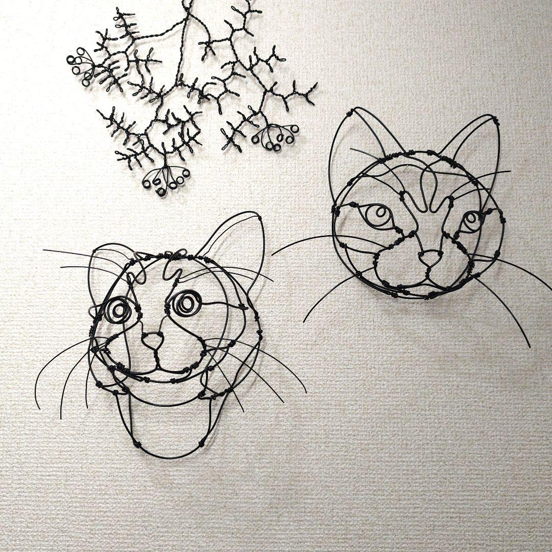 ワイヤーアート 猫と植物　３点セット
