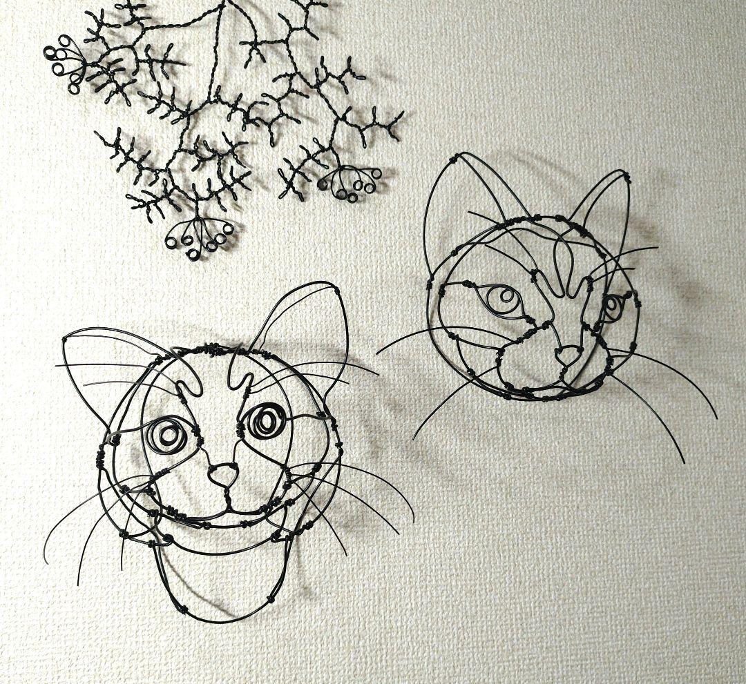ワイヤーアート 猫と植物　３点セット