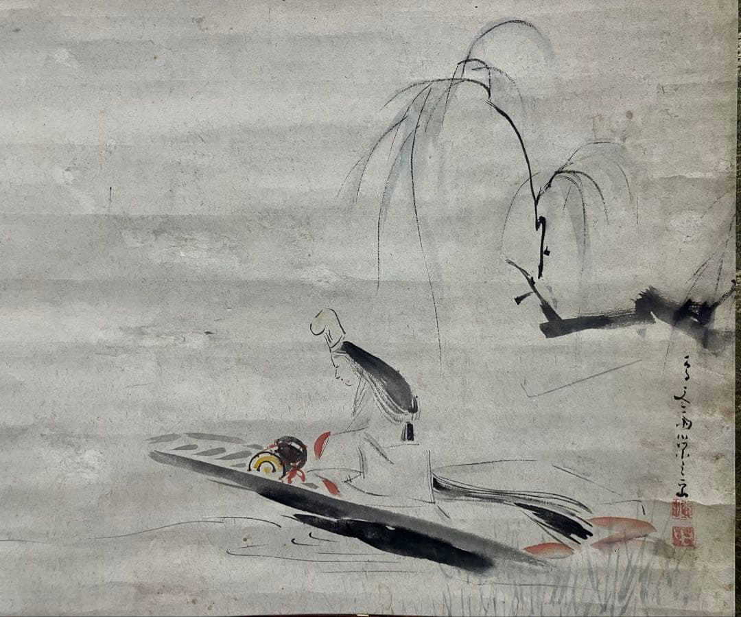鳥文斎栄之・蜀山人【画賛】紙本　掛軸　識箱