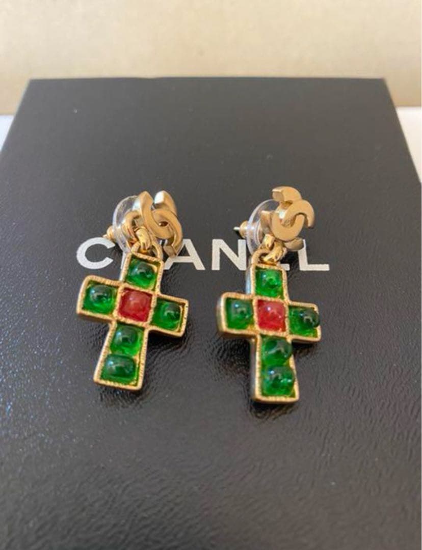 シャネル　ヴィンテージ　ココマーク　カラーストーンクロス　ピアス