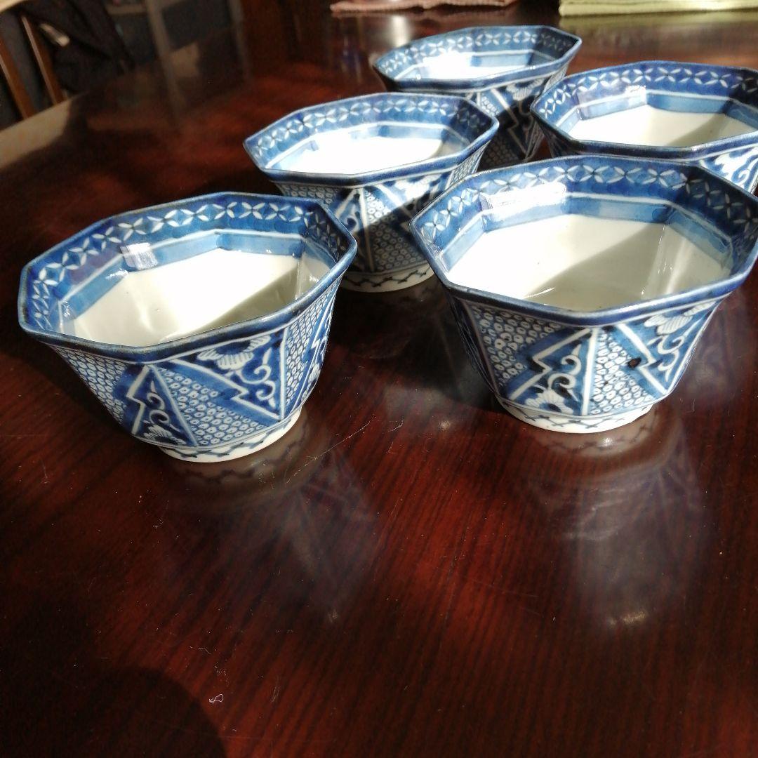 古伊万里　染付八角向付　5客　11cm　江戸後期