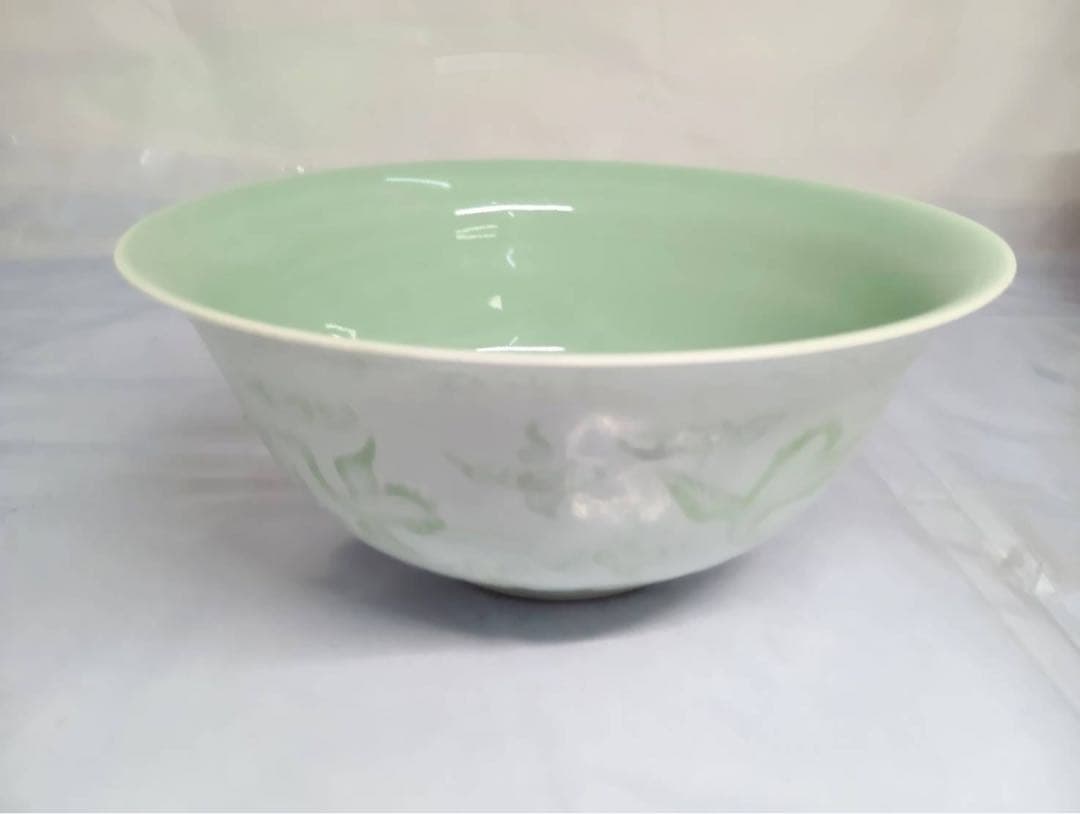 木箱入　青磁象雲鶴　菓子鉢　景德鎮製　大皿　盛鉢　大鉢　丼　どんぶり　骨董