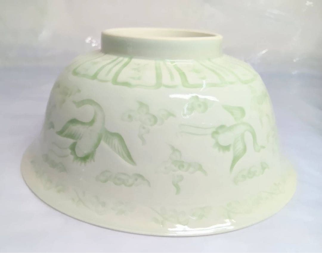 木箱入　青磁象雲鶴　菓子鉢　景德鎮製　大皿　盛鉢　大鉢　丼　どんぶり　骨董