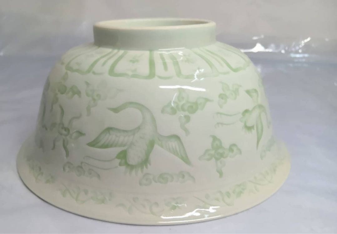 木箱入　青磁象雲鶴　菓子鉢　景德鎮製　大皿　盛鉢　大鉢　丼　どんぶり　骨董