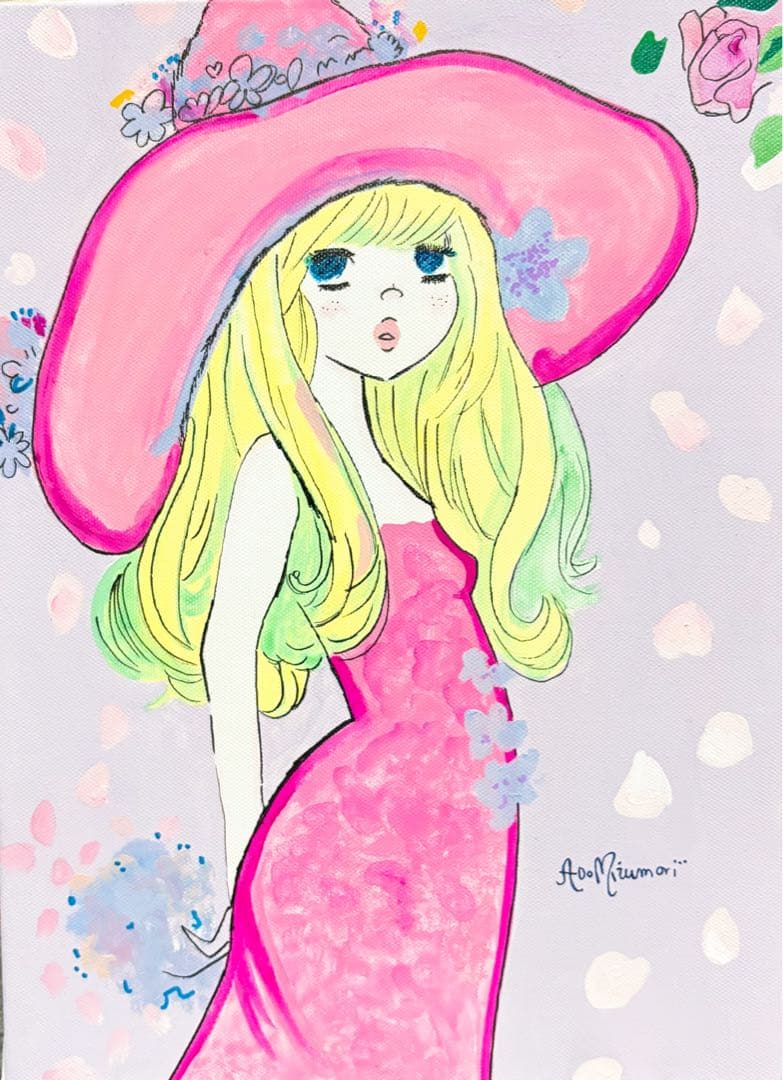 【F4号】手描き油彩　水森亜土　サイン　額縁　未使用額　人気作品　絵画　女性