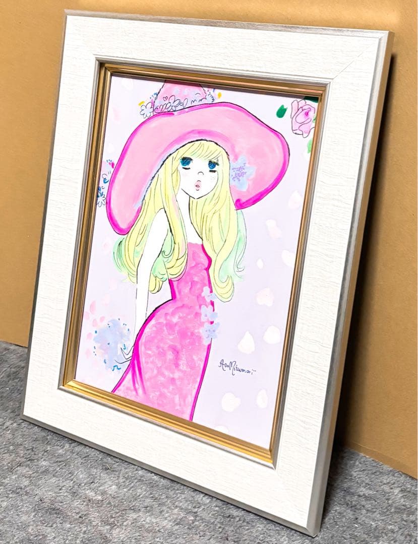 【F4号】手描き油彩　水森亜土　サイン　額縁　未使用額　人気作品　絵画　女性