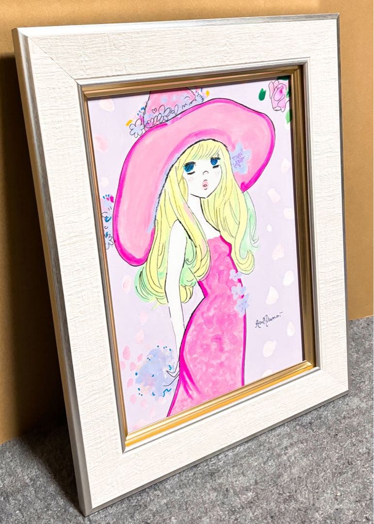【F4号】手描き油彩　水森亜土　サイン　額縁　未使用額　人気作品　絵画　女性